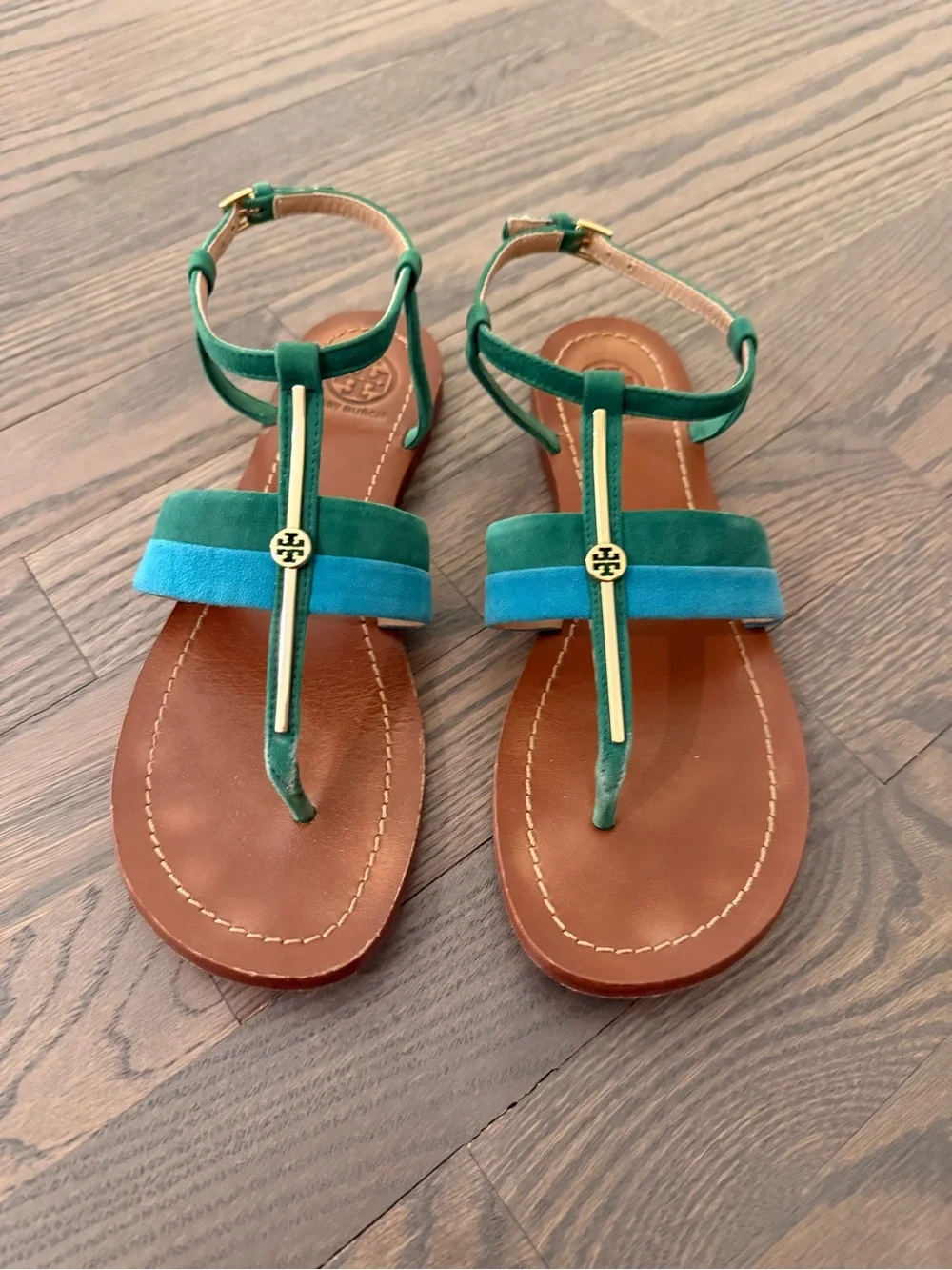Tory Burch Green & Teal Suede T-Strap Sandals with Gold Logo